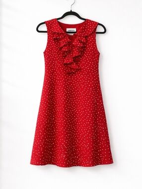 Lois Snyder~Dani Max~Womens VTG 80s~Red Knee Shift Dress~Polka Dot Ruffles~6
